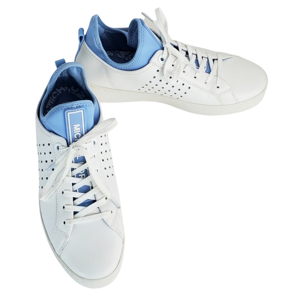 New Michael kors ace lace up lasered leather sneakers white pale blue - Picture 5 of 15